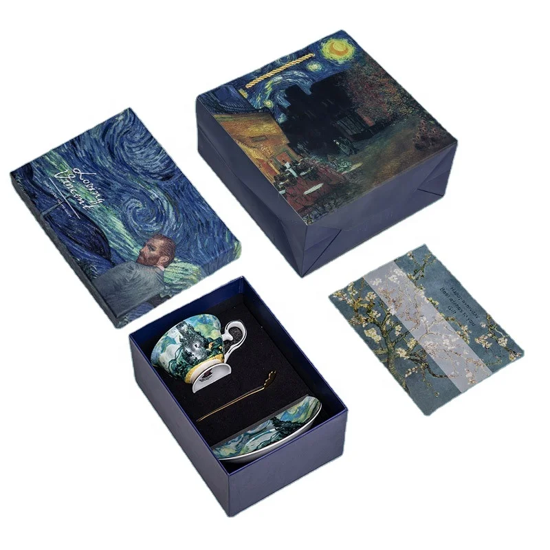 Coffee And Tea Set Bone China Tea Set Oil Painting Style Van Gogh Tea Cups With Delicate Gift Box And Spoon Saucer