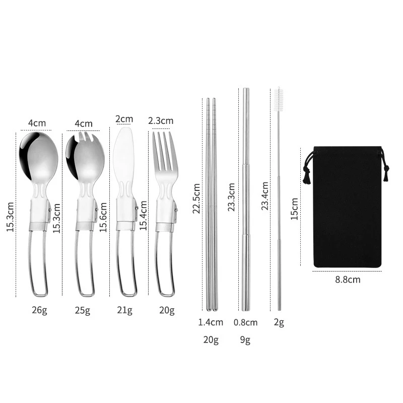 Collapsible 304 Stainless Steel Flatware Chopsticks Drinking Straw Set Portable Cutlery Set for Camping Travel