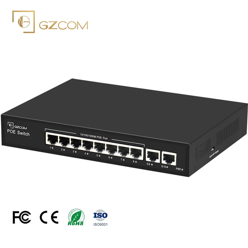 Factory Customized Full Gigabit Unmanaged 8ports PoE Switch with 2 Gigabit Ethernet Uplink Ports for IP Camera