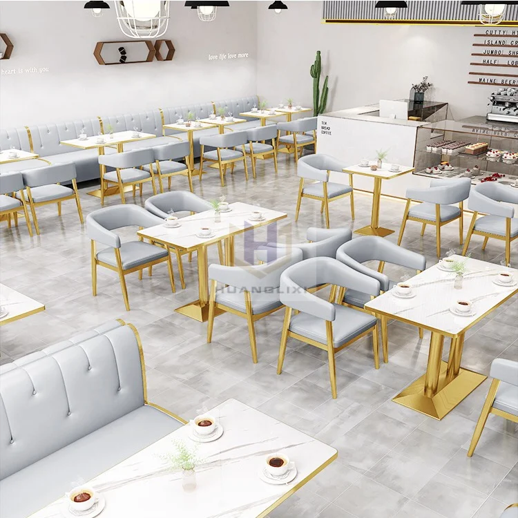 Customized Restaurant Booth Seating Set Marble Top Golden Dining Table And Chair Sofa For Cafe Coffee Shop