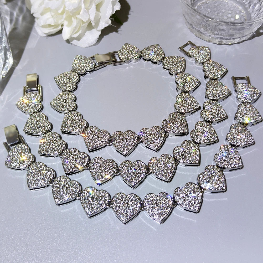 Hip Hop Luxury Full Diamond Jewelry Set Iced Out Cuban Link Chain 5A Cubic Zirconia Love Heart Tennis Necklace Bracelet Set