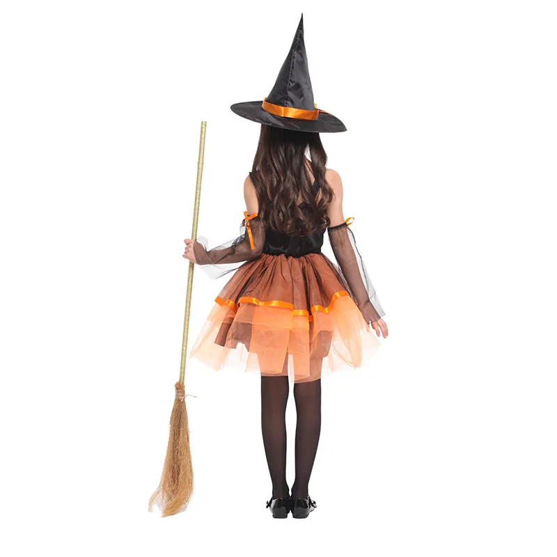 Kids Halloween Witch Vampire Magician Costume Carnival Cosplay Dress with Hat Girls Lovely Organza Witch Dress
