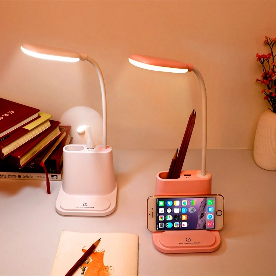 Fashion Design Warm White LED Night Reading Table Light Touch Switch USB Rechargeable Desk Lamp with Phone Holder Pen Holder