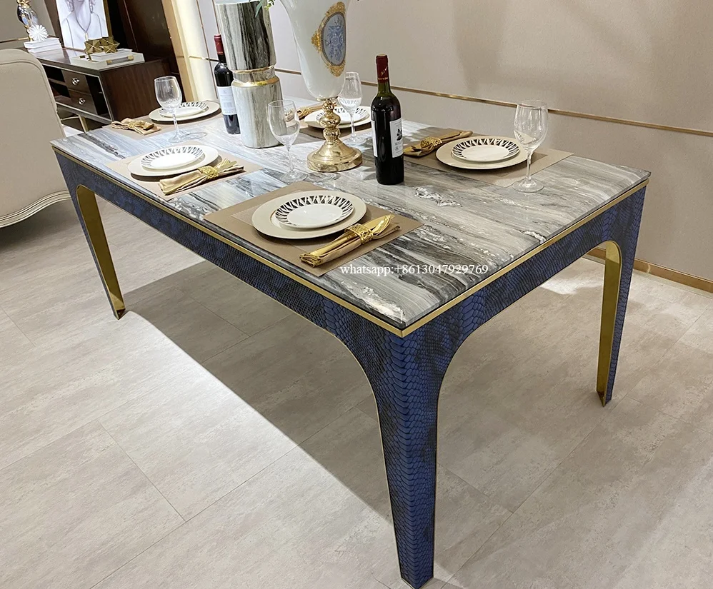 luxury blue gold sand natural marble top with crocodile pattern leather table base for dining room rectangular dining table