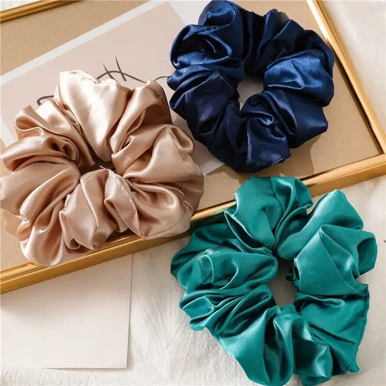 Wholesale hot sale women fashion hair accessory solid satin wide silk fabric scrunchies for hair tie