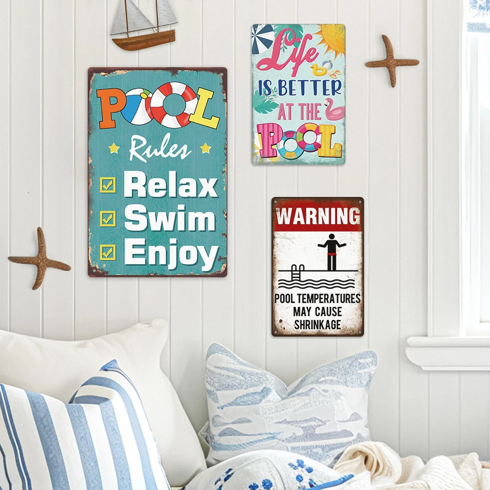 Putuo Decor Warning Metal Sign Plate Tin Pool Rules Summer Vintage Craft Tin Sign Pool Decor
