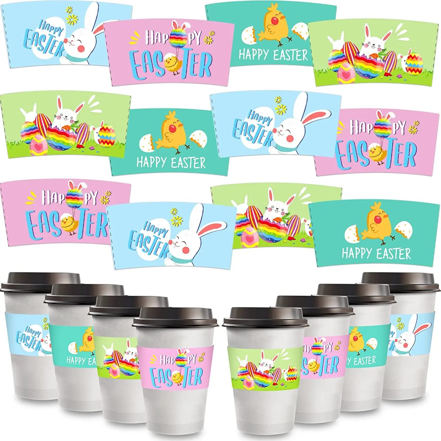 Happy Easter Coffee Cup Tea Cup Sleeves 12oz to 16oz Drink Cup Sleeves for Hot Chocolate Coffee Cocoa or Cold Beverage