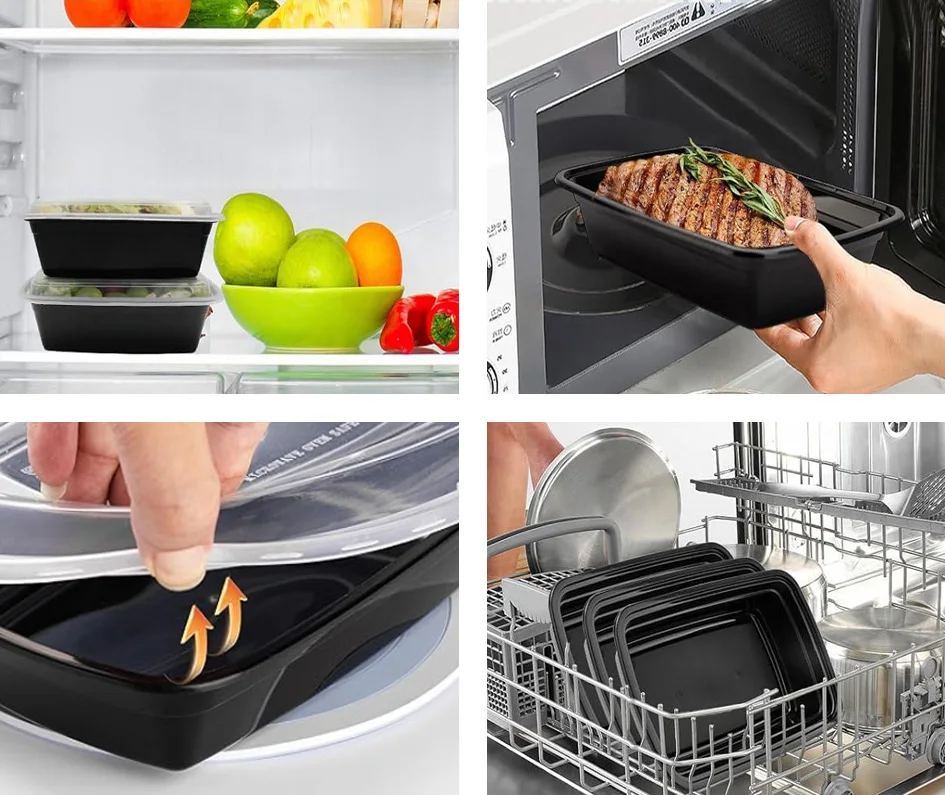 Bento Lunch Box Takeout Food Packing Container Base Plastic to Go Disposable Meal Prep Restaurant Black Injection Multifunction
