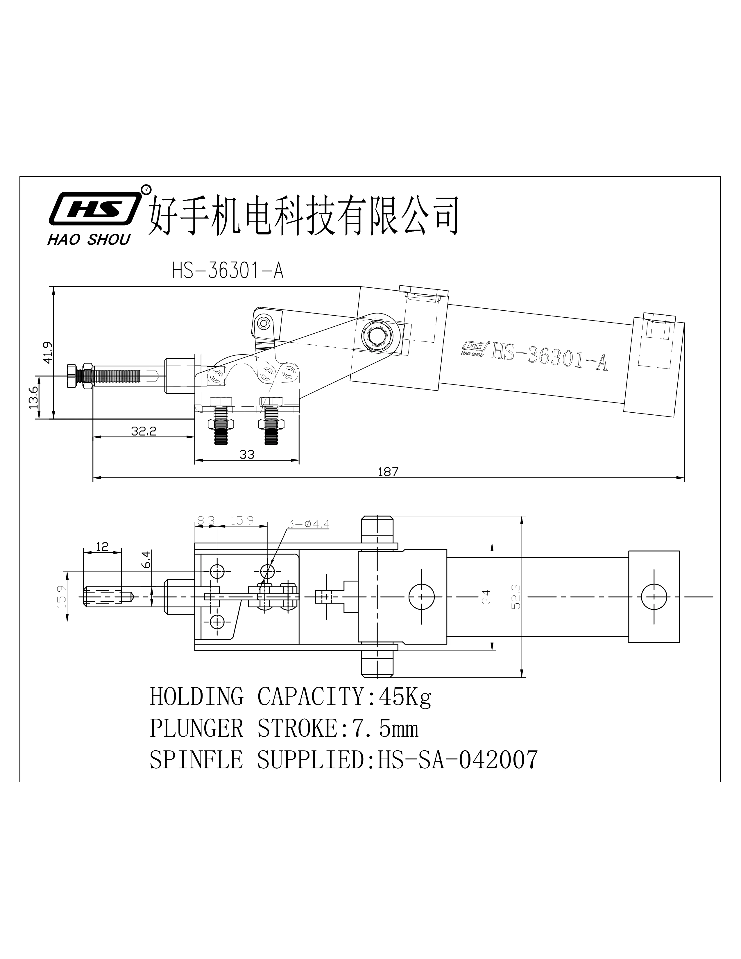HS-36301-A Pneumatic power toggle clamp Holding Capacity 45KG/100LB  1/8' inlet