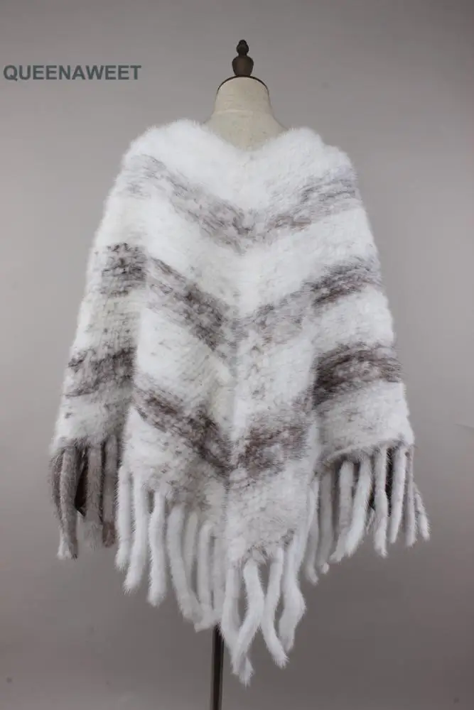 Winter Women Party Wear Fashion Natural White Knitted Mink Fur Shawl Cape