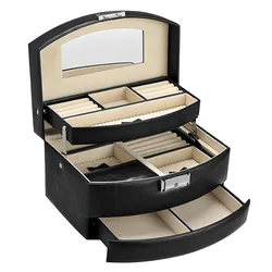 Luxury leather white three drawers jewelry box with mirror hinge and lock desktop velvet travel jewelry packaging box