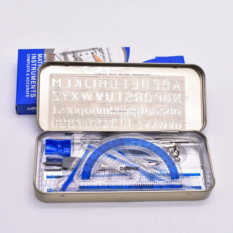 free sample good perfect quality stationary mathematical set  tin box school supplies geometry tools