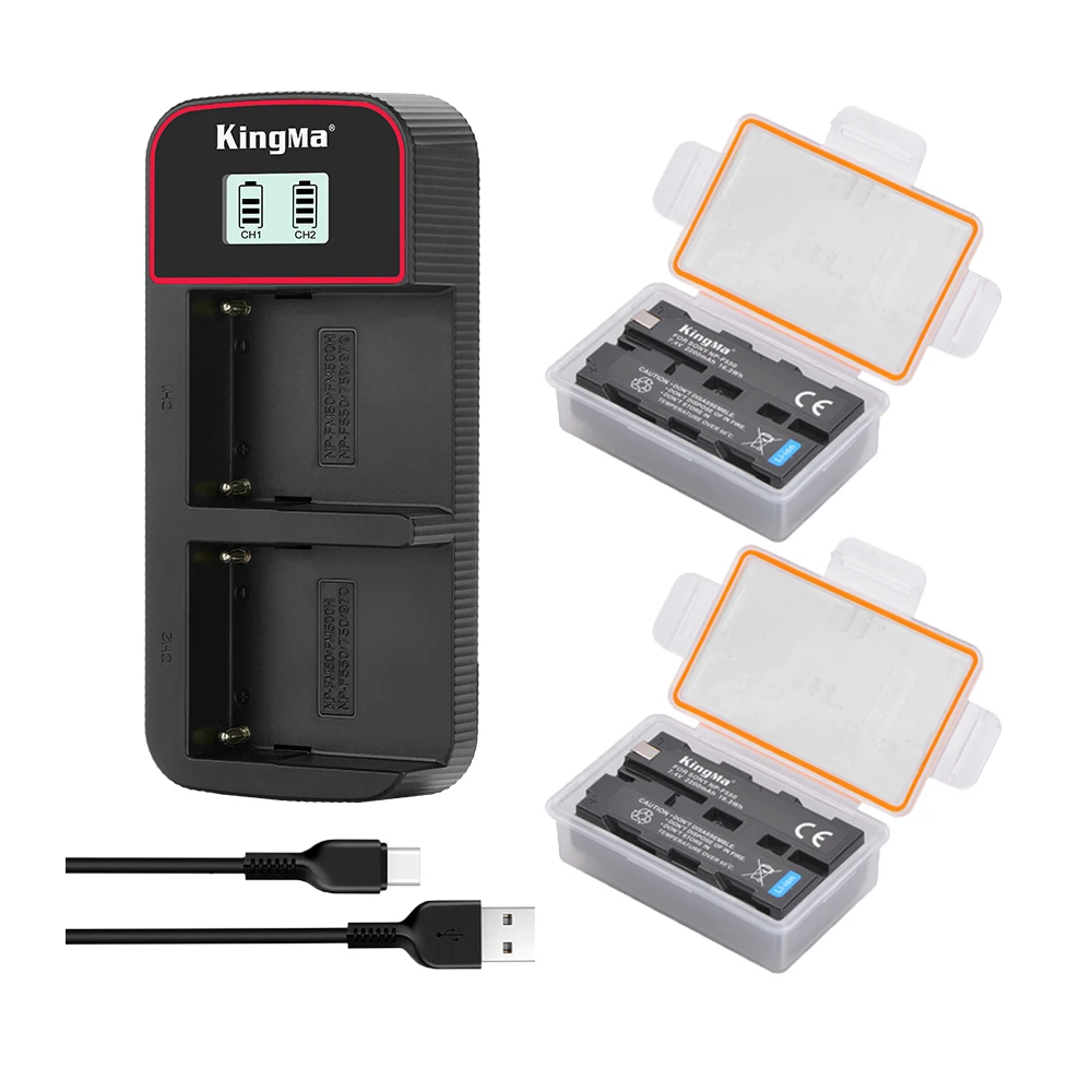 Kingma 2-pack 2200mAh NP-F550 NP-F570 Battery and LCD Dual Charger Set for Sony NP-F970 F750 F770 F550 F570 and More