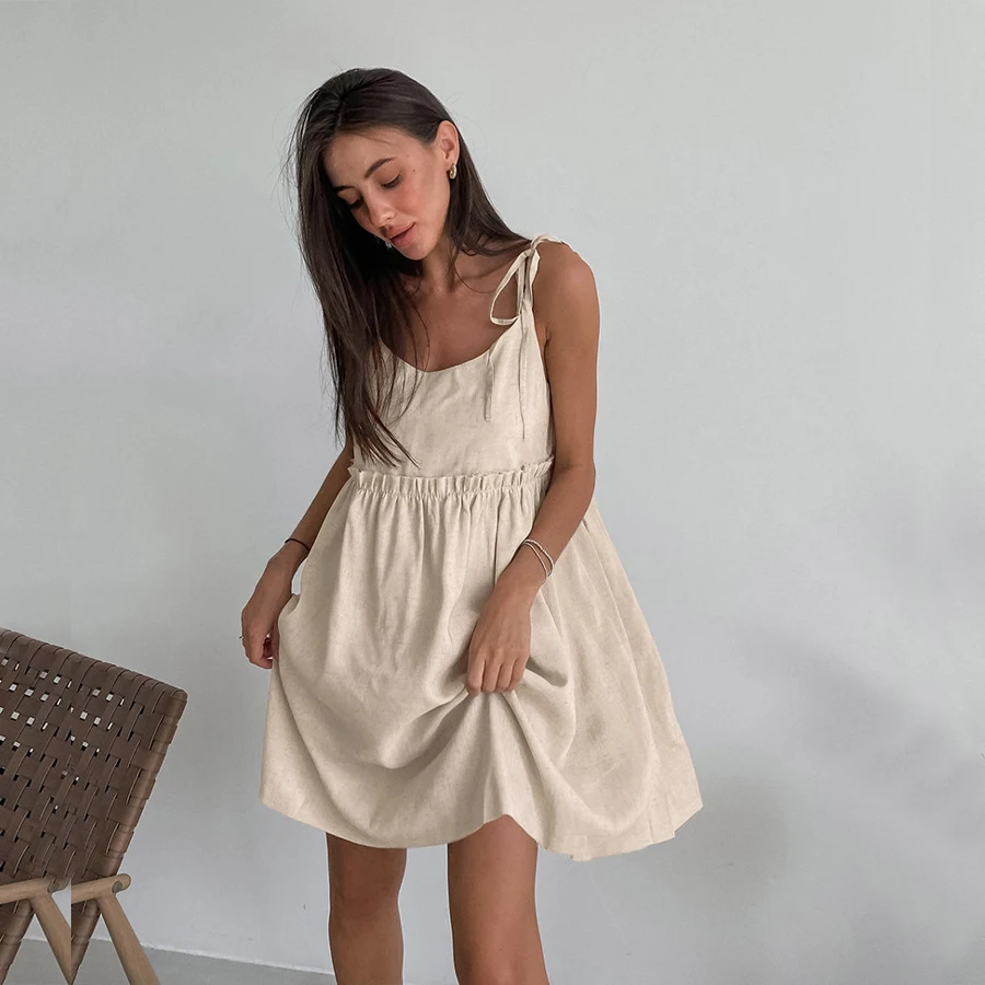 Linen Casual Loose Camisole A-Line Chic Long sleeved women Short Skirt Dress