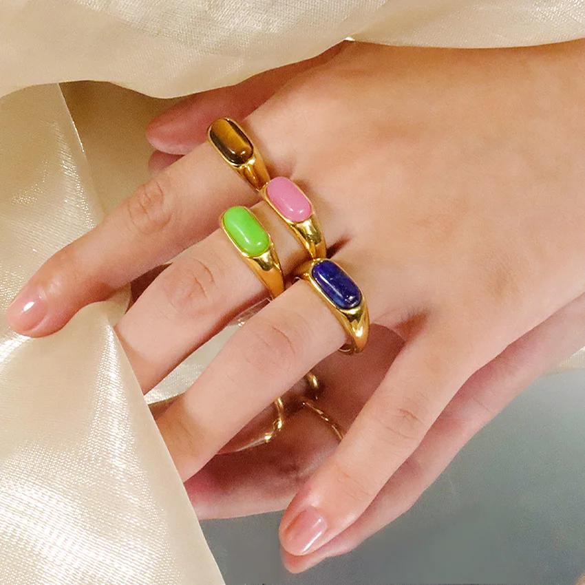 18k Gold Plated Jewelry Colorful Crystals Healing Stones Stainless Steel Rings Tiger Eye Waterproof Jewelry Natural Stone Ring