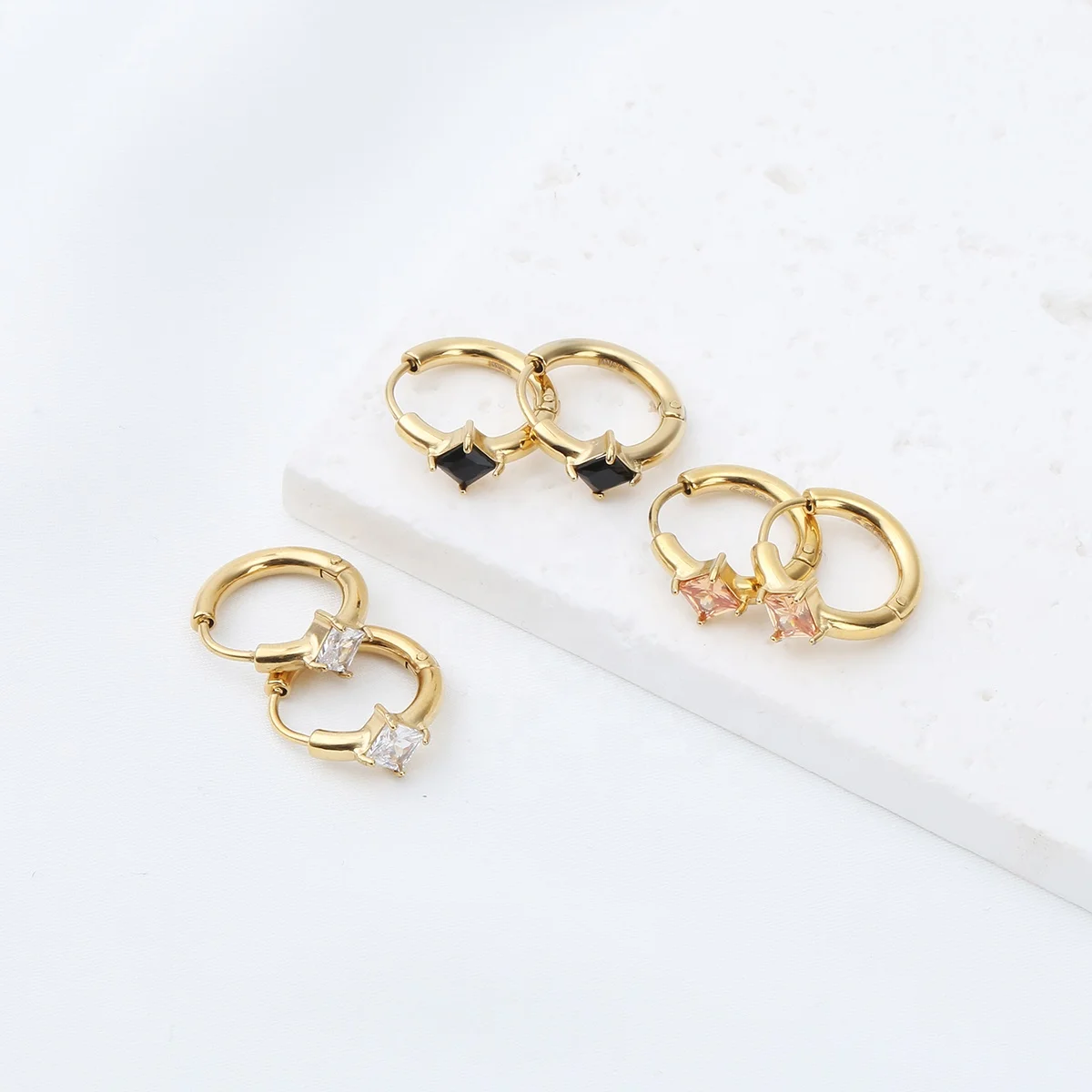 Custom non-fading fashion design geometric round 18K gold plated stainless steel zircon earrings