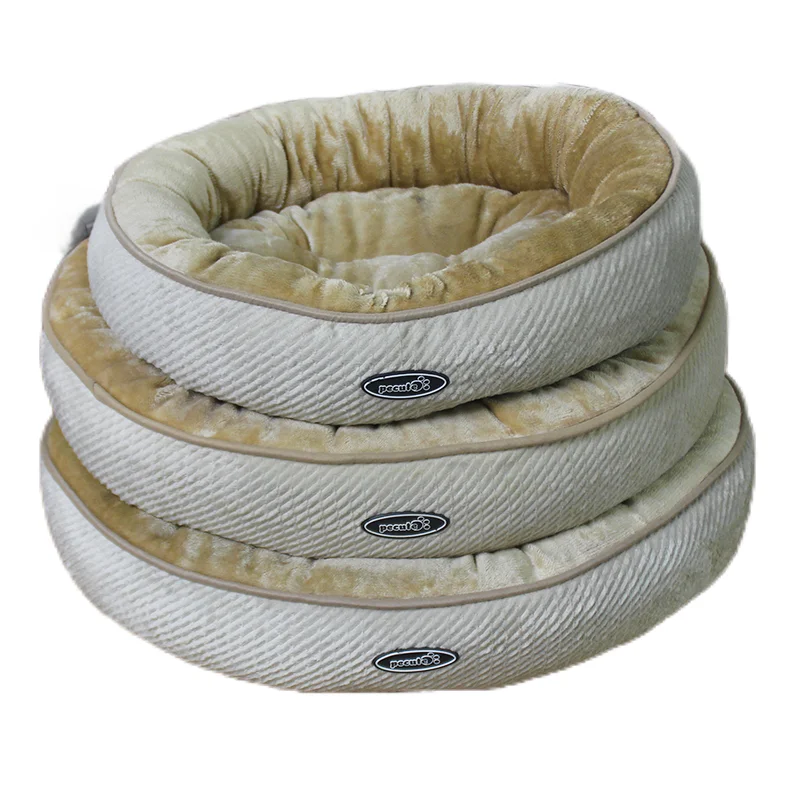Fast Delivery Wholesale Cheap Hot Dog Beds Soft Flannel Beige Donut Dog Bed Jacquard Stripe Round Dog Beds For Pet