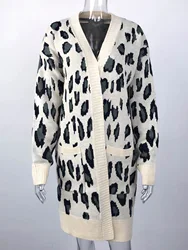 Fashion Leopard Lantern Sleeve Women Long Cardigan Sweater Fall Winter Knitted Casual Single Breasted Women Cardigan Sweater