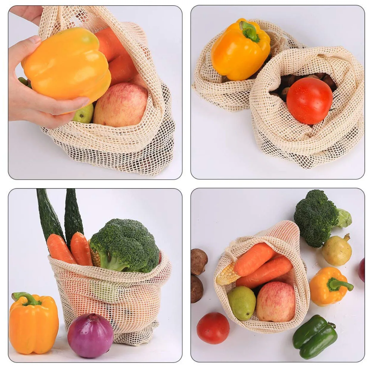 Recyclable vegetable and fruits storage bags large mesh drawstring bag shopping produce organic cotton mesh bags