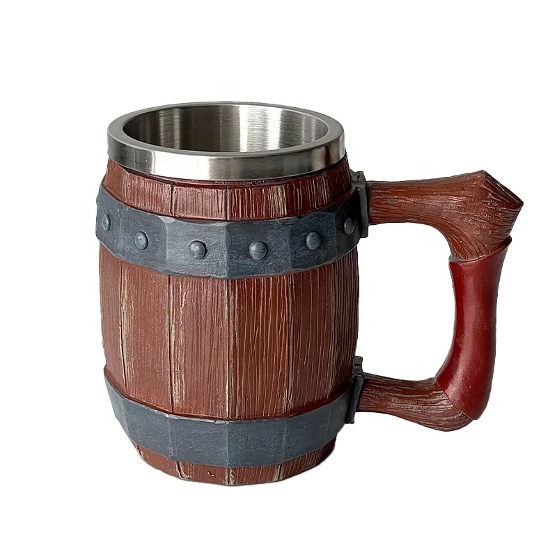 New Arrival Unique Oak Barrel Beer tankard Stein Stainless Steel Coffee beer Cup 300-600ML handmade Horn Resin Viking Beer Mug