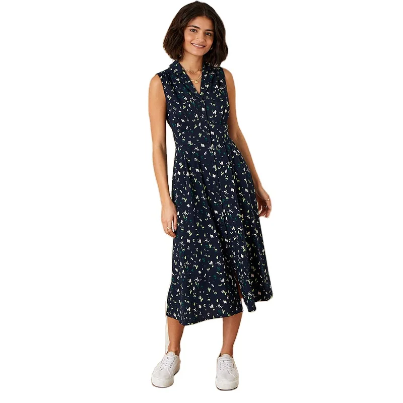 Oem Custom High Quality 2021 Causal Summer Notched Collar Sleeveless Floral Print Button Front Midi Long Dress For Women