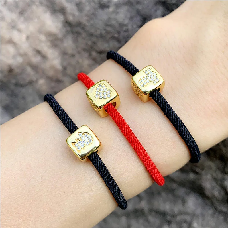 Gold Plated CZ Micro Pave Initial Alphabet Cube Bead String Bracelet Adjustable Diamond Zircon Letter Cord Friendship Bracelet
