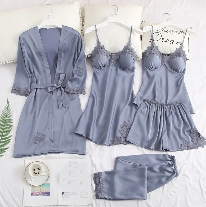 Wholesale in stock five pieces high quality satin NIGHT GOWN women nighty set