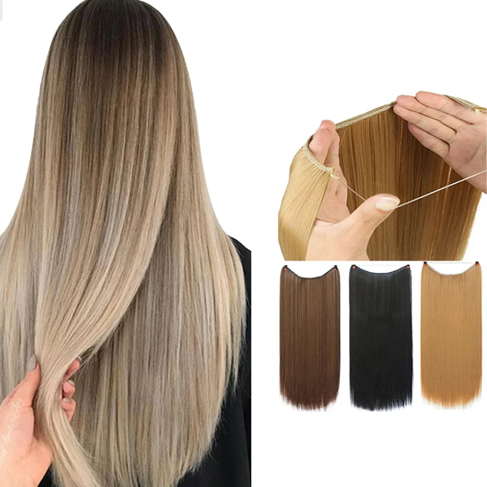 Synthetic 18/22/24 Inch Fishing Line Hair Extension Lady Extension Clip Straight Hair Roll Invisible Natural Wave Hair