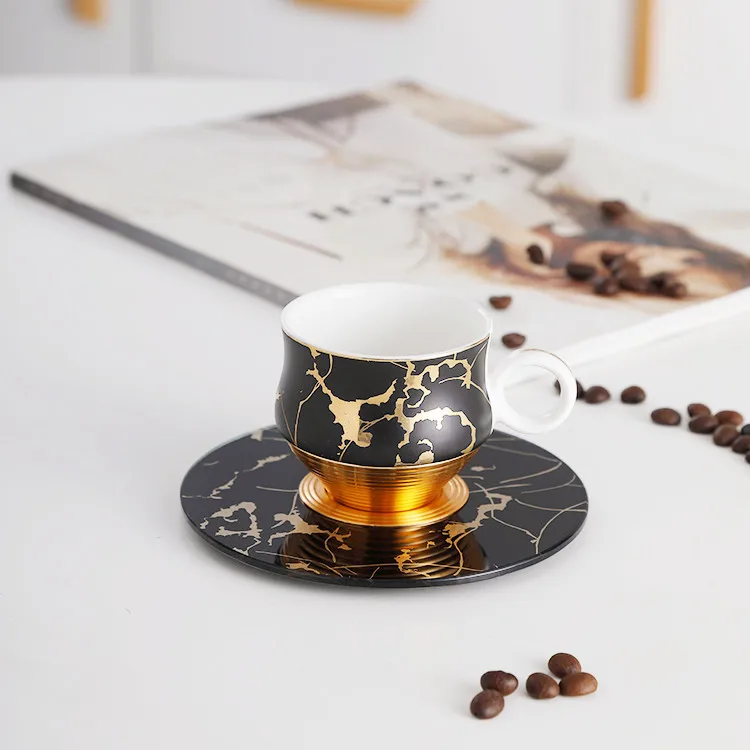 Premium Gift European Gold Marble Pattern Turkish Kahve Cups Black Porcelain Tea Coffee Cup with Saucer Set