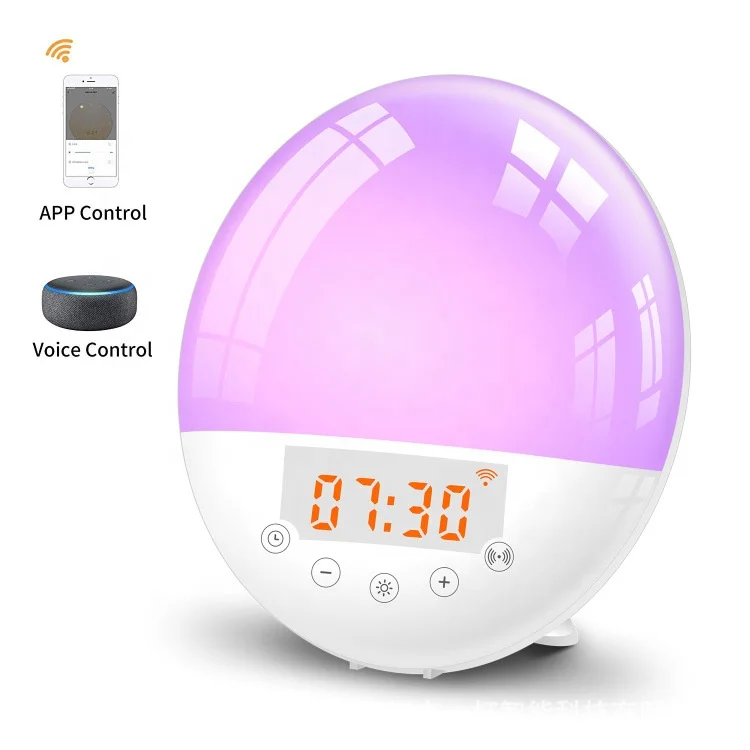
WIFI battery powered digital table sunrise alarm clock smart adjustable brightness led wake up night light 