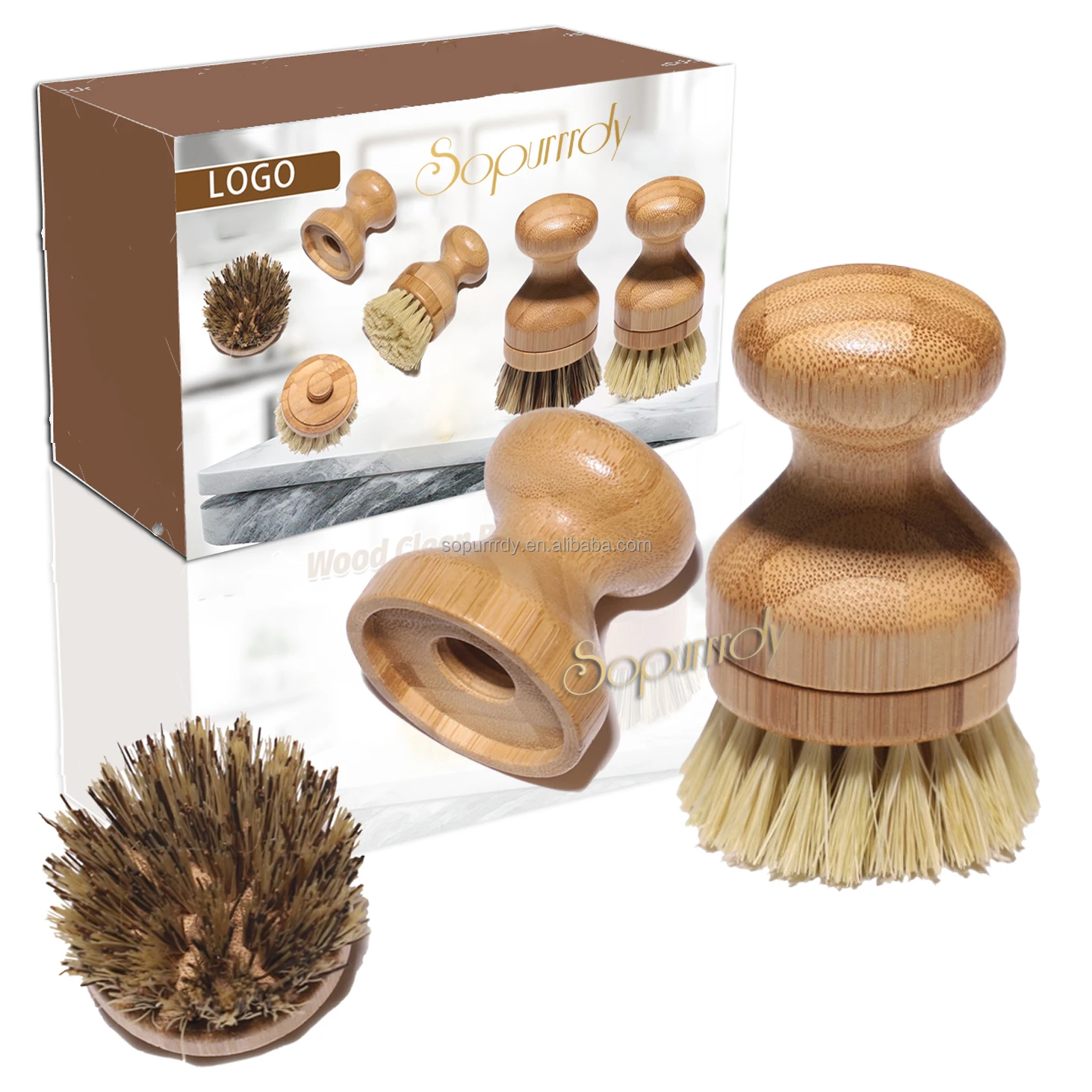 Custom Logo Natural Eco-friendly Sisal Coconut Palm Tree Fiber Natural Wood Kitchen Dish Cleaning Brush Kitchen Scrub Brush