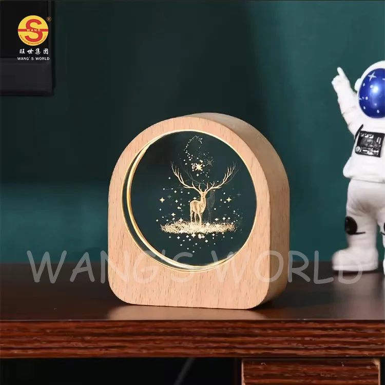 Bedroom Living Room Decoration 3D Optical Creative Bedside Lamp Battery Power Light Night Light Wood Carved Acrylic Table Lamp