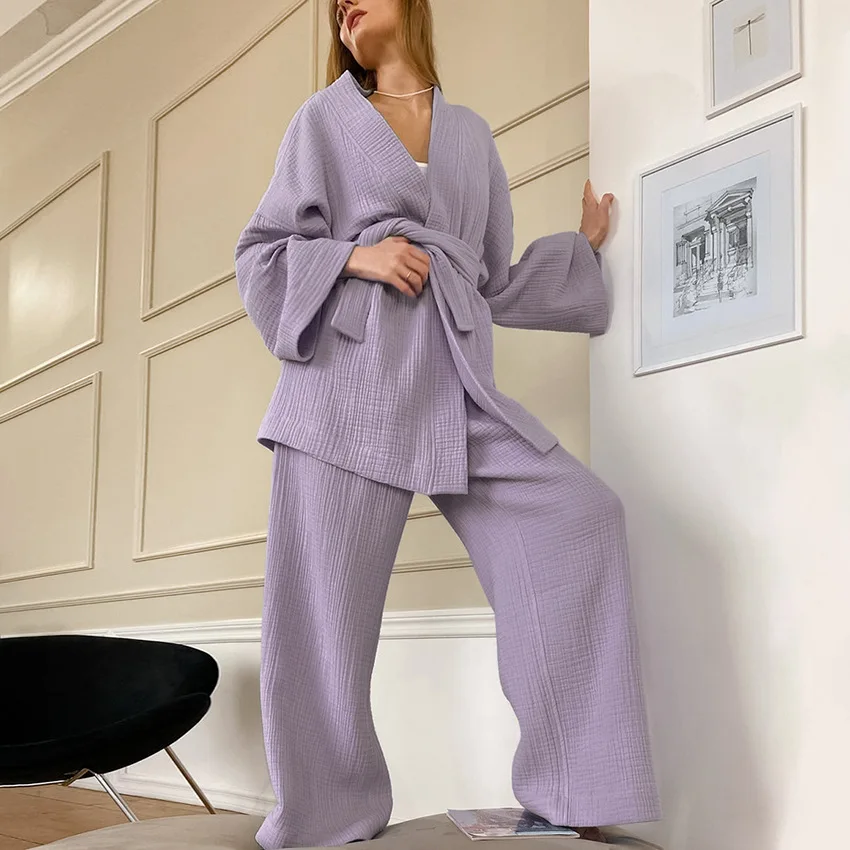 China Suppliers Casual Loose Cotton Women Pajamas Long Sleeve Solid Color Ladies Sleepwear