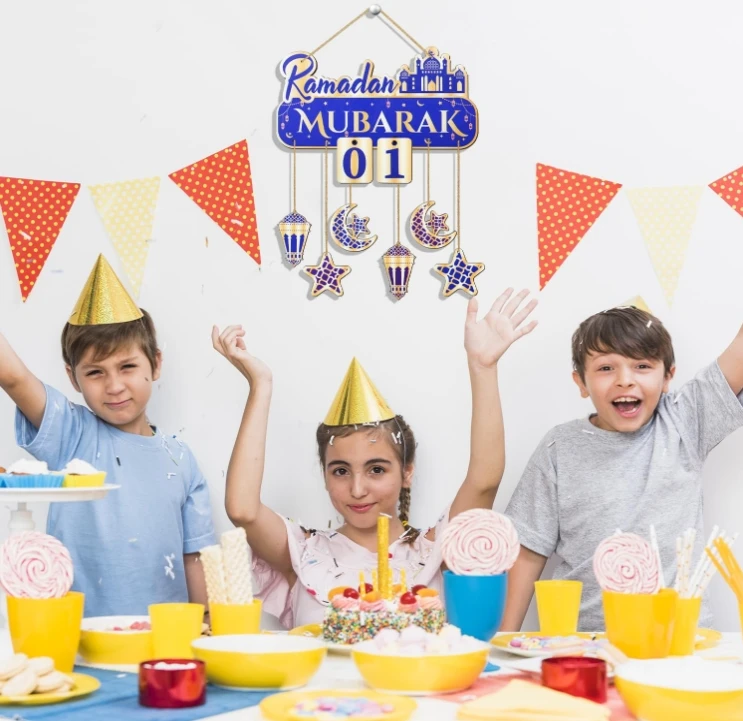 39*30cm Muslim Ramadan Party Door Sign Moon Star Wind Light Castle Shape Ornament Eid Islamic Decor Plywood Eid Countdown Decor