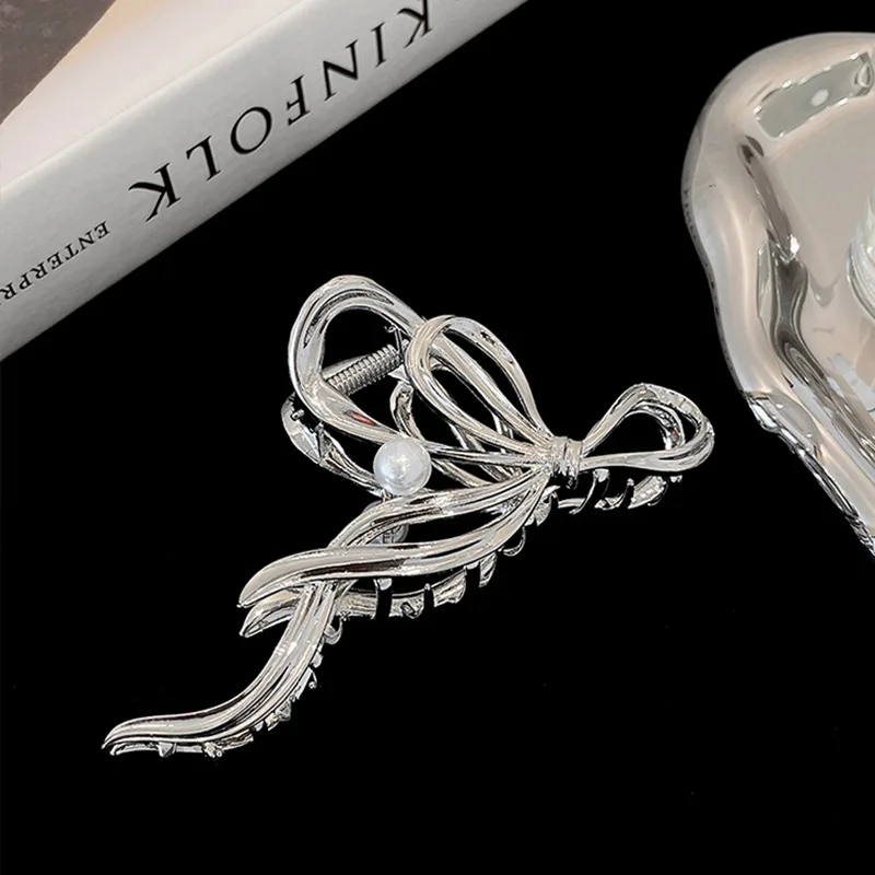 Metal Ribbon Pearl Hair Clips Women Large Bow Plate Hair Shark Clip Hair Accessories