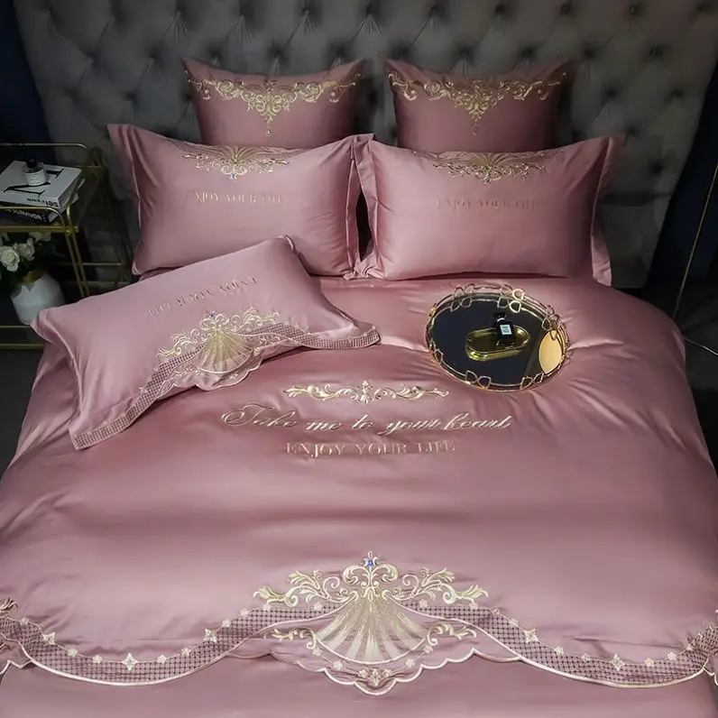 
hot sale silk bedding sets embroidery design tencel bedding set bed sheet and duvet cover set 