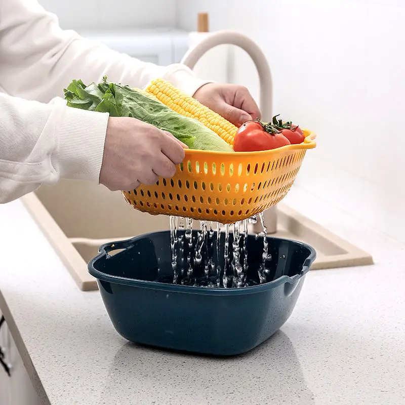 New kitchen household double-layer multi-functional fruit and vegetable filter cleaner plastic drain basket with handle