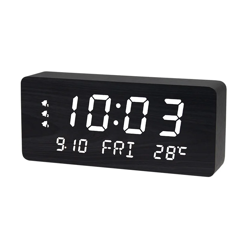 Minimalist Digital LED Alarm Clock Wooden Table Clock for Home Decor Office Use Displays Time Day Calendar Temperature