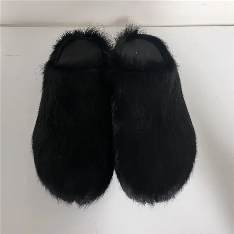 Fashion Fur Slippers Women Round Toe Horse Hair Slides Female Mules Shoes Flat Half Slipper
