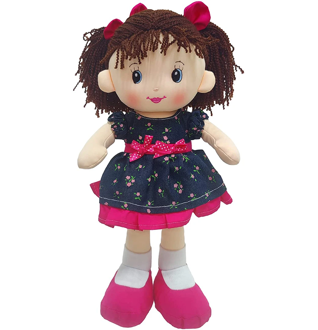Custom Soft Plush Rag Doll with Navy Blue Dress and Printed Magenta Roses Rag Doll for Girls Infants and Babies