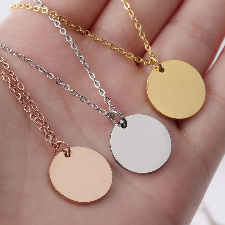 Dropshipping Customized  Engraving Disc Round Rose Gold Silver Link Chain 15mm Round Disc Blank Coin Shaped Pendant Necklace