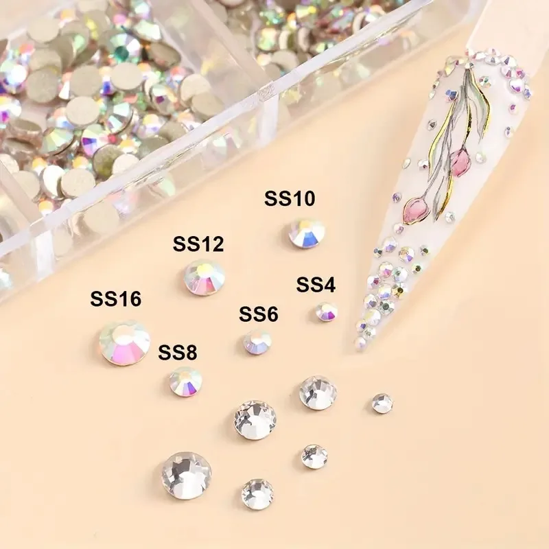 SS4-SS16 Crystal+Crystal AB Gold Back Nail Rhinestones Set Flatback Diamond Gems 3D Shiny Nail Art Charms Stones DIY Decoration