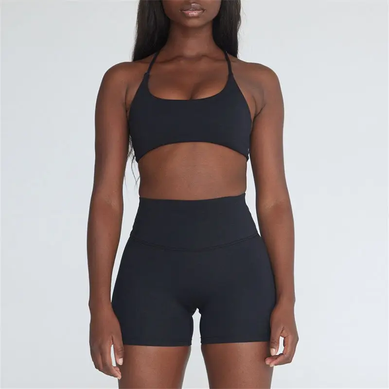 unique design activewear set sports yoga fitness hater backless bra v shape scrunch butt shorts for women gym set