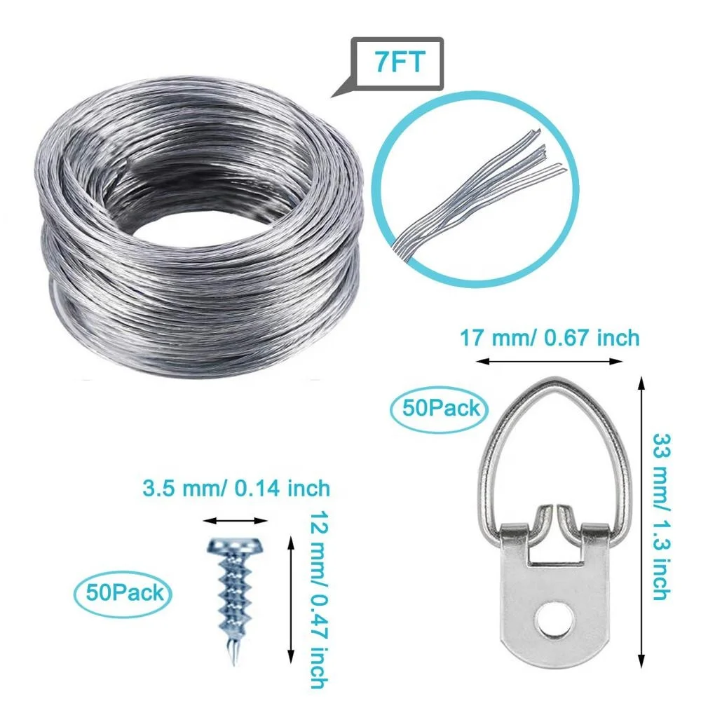 50 Pack Heavy Duty D-Ring Picture Frame Hanging Kits with 50 Pack Screws,7Feet Steel Wire for Hanging Clock Paintings Artwork