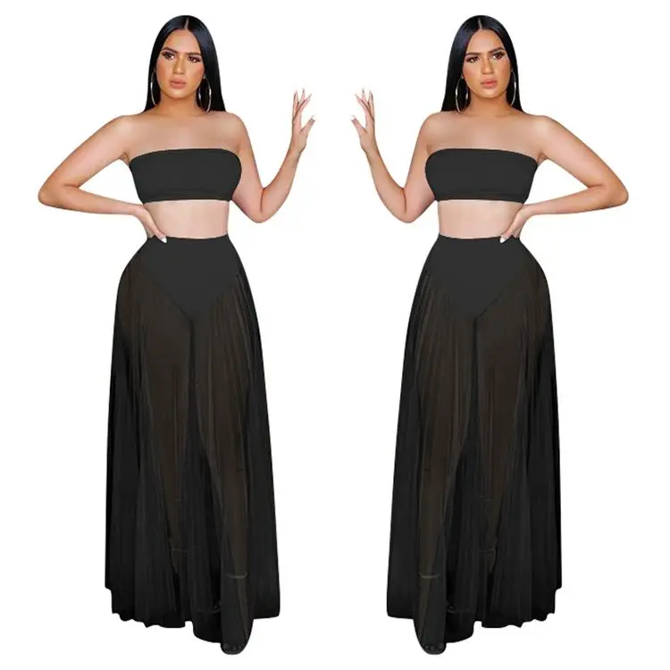 
0320M037 Solid Mesh Tube Top 2021 Summer Sexy 2 Pcs Dress Outfits Long Maxi Skirt And Top Two Piece Set Women Clothing For Women 