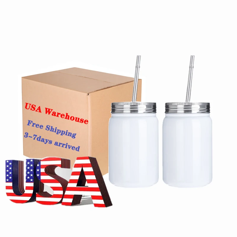 Mazoho USA Warehouse Free Shipping 17oz Stock Stainless Steel white Sublimation blanks tumbler Mason Jar With Straw