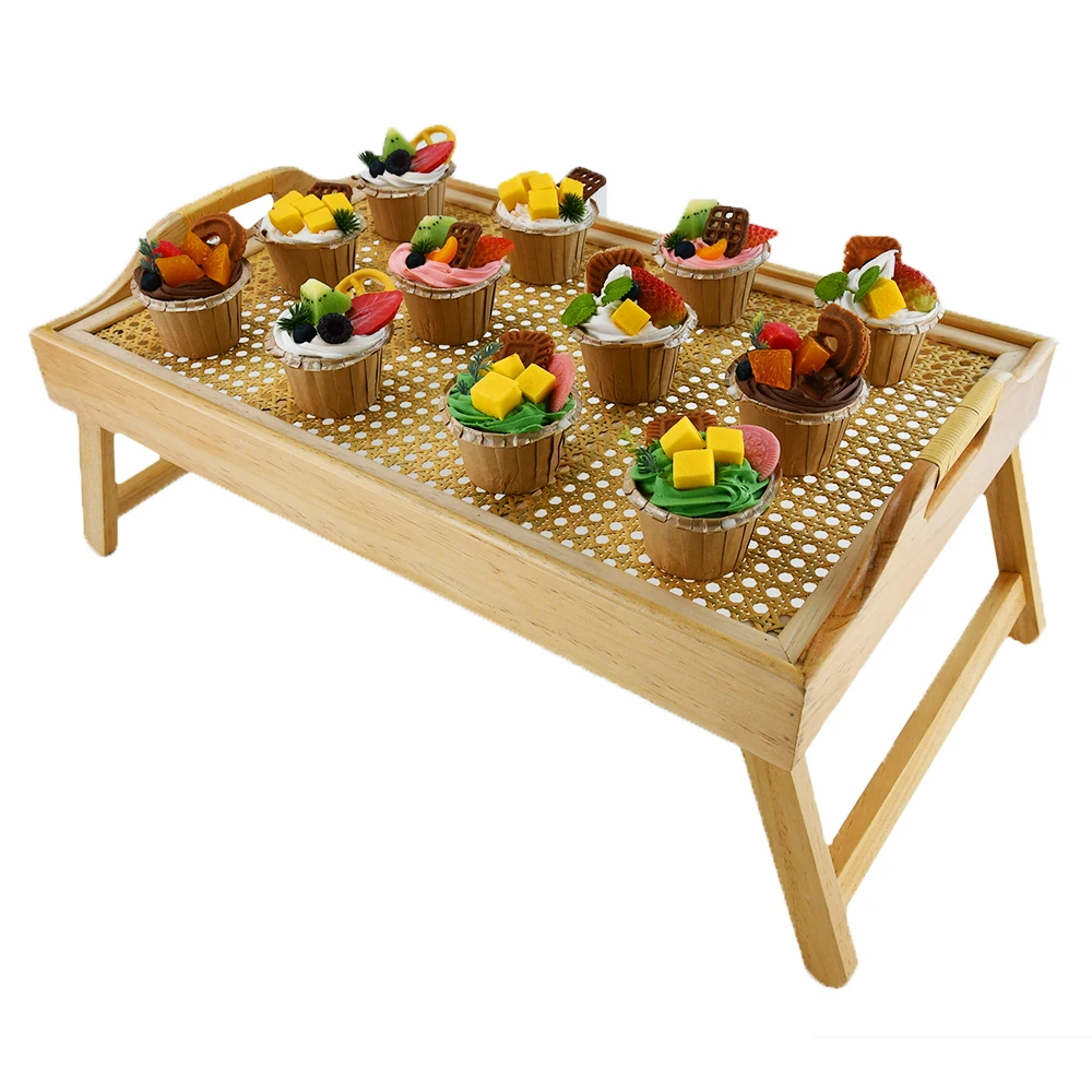 2022 New Design Hollowed Bamboo Rattan Serving Tray Wooden Bed Trays with Folding Legs for Breakfast
