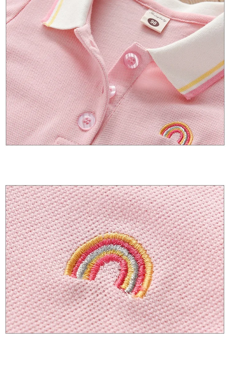 New Design Kids Summer Spring 100%cotton Preppy Style Girl Dress Rainbow Embroidery Kids Polo Dress