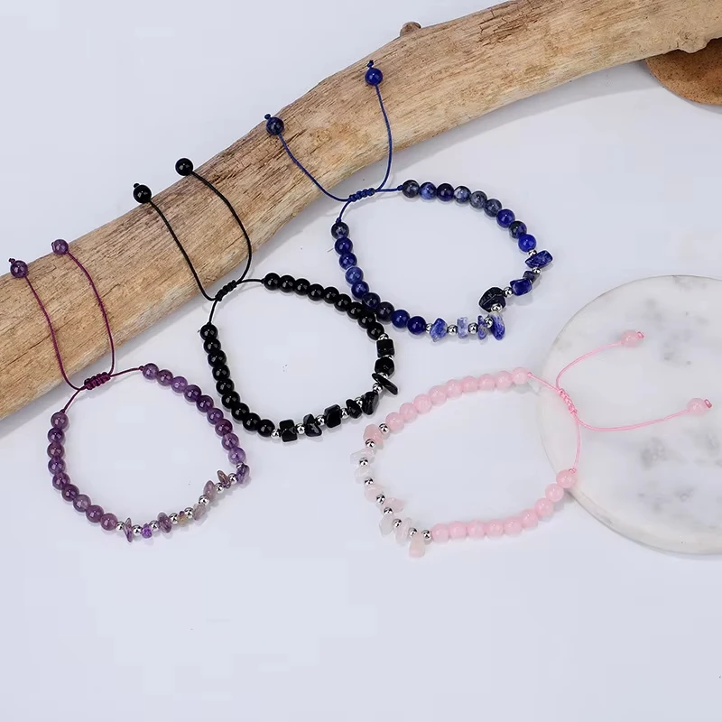 Fashion Natural Crystal Stone Bracelet Crystal Chips Natural Stone Tiger Eye Amethyst Macrame Cord Adjustable Gem Lucky Bracelet