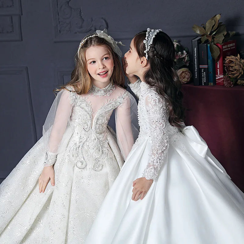 Retro Long Sleeve Children Wedding Dresses Princess White Party Formal Evening Dresses Flower Girls Wedding Gown Dress